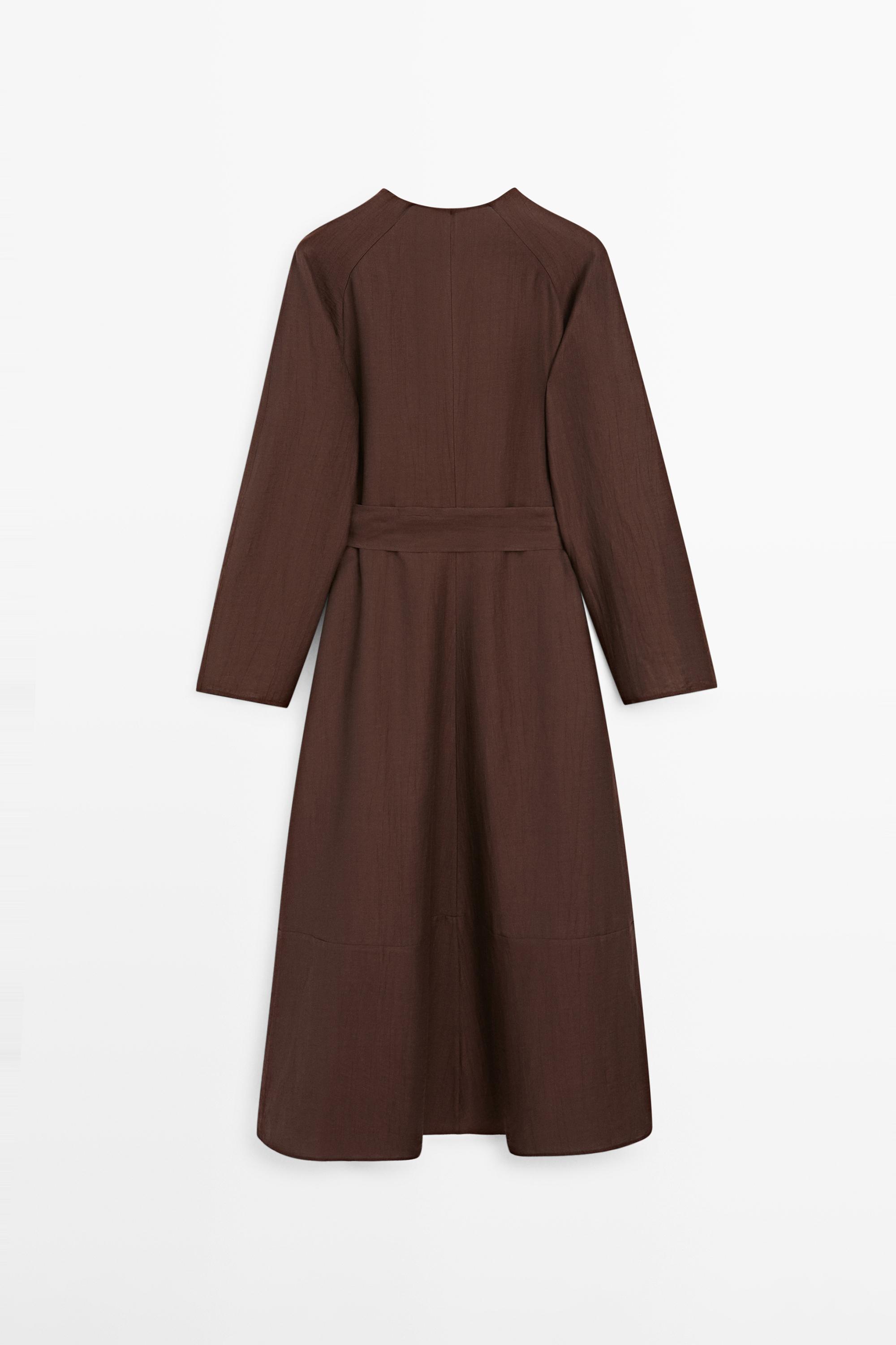 Flowing linen blend midi dress with belt